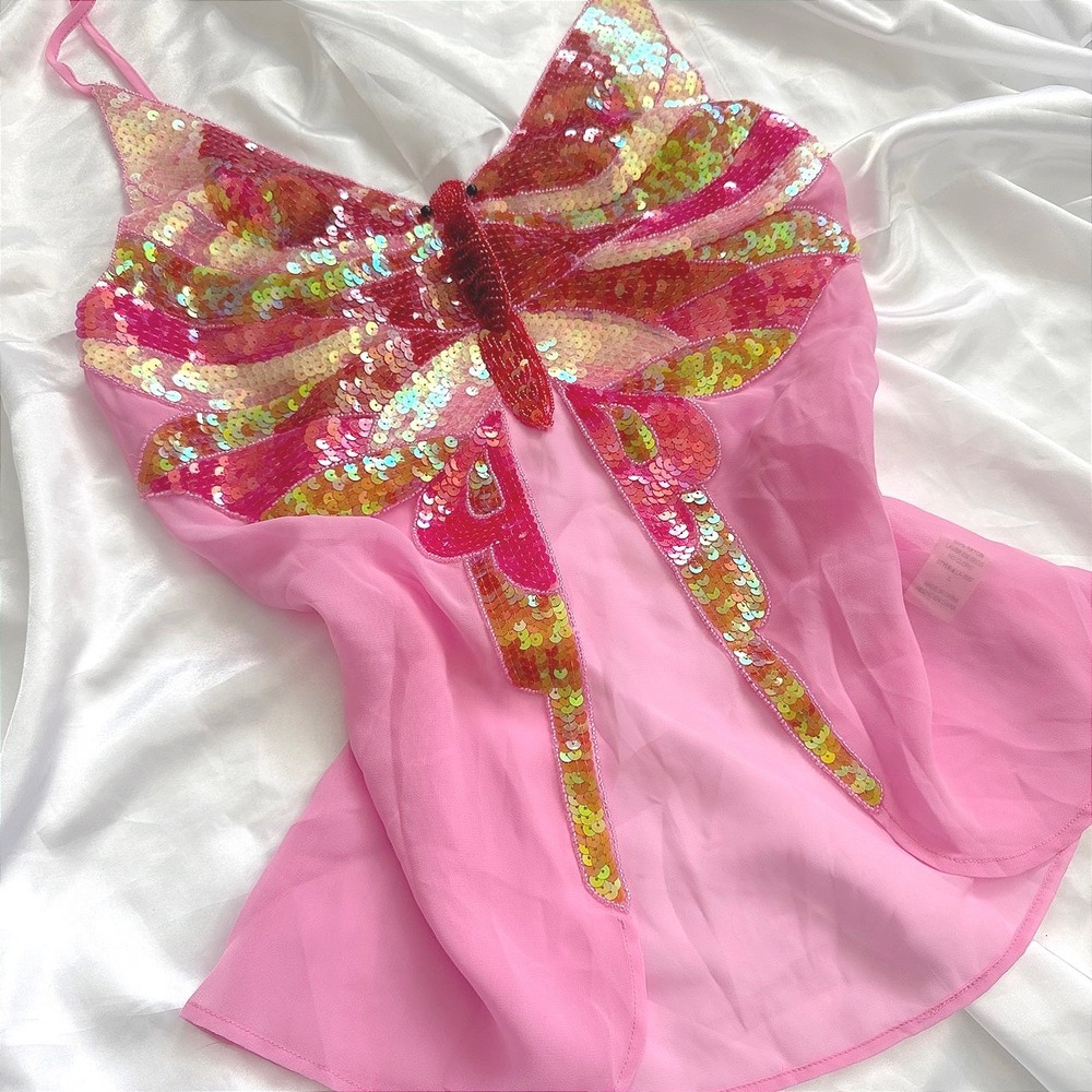 Joyce Leslie Pink Butterfly Sequin Beaded Camisole Y2K Sheer Top Large